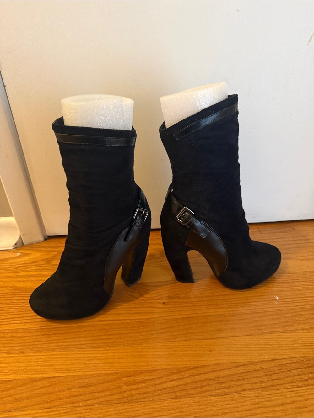 Black Suede Mid-Calf Heeled Boots with Buckle Detail